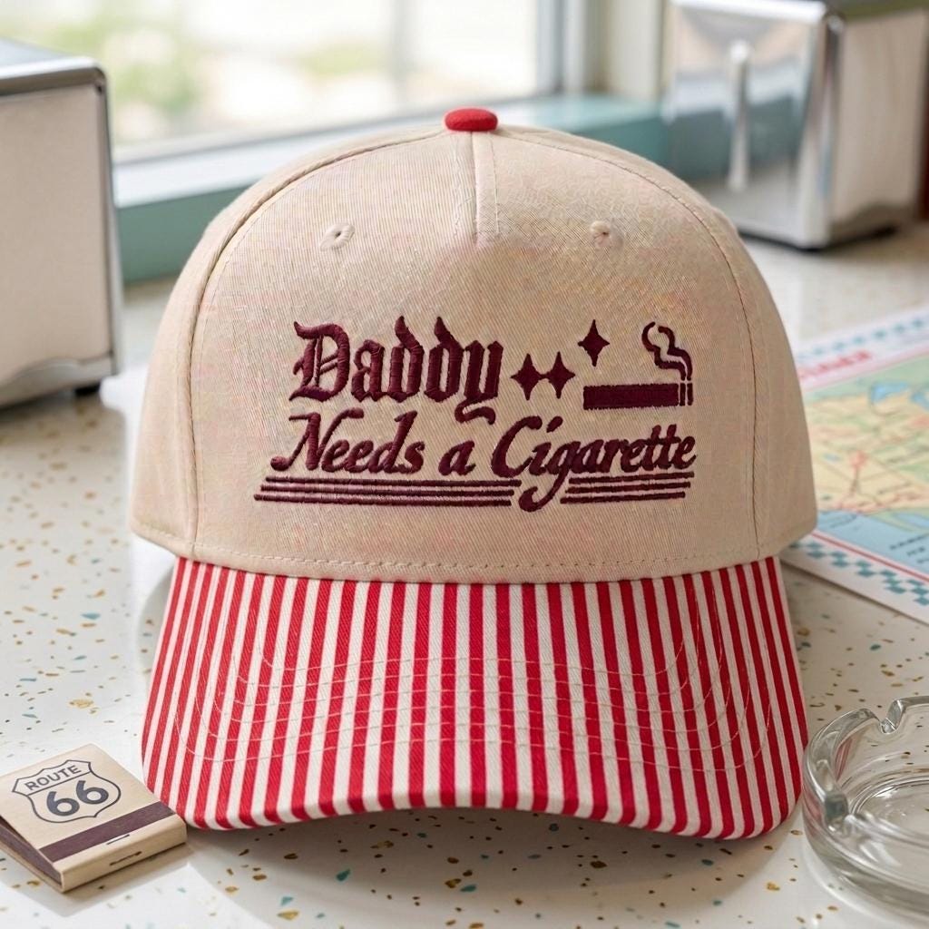 Khaki Daddy Needs a Cigarette hat with red striped bill