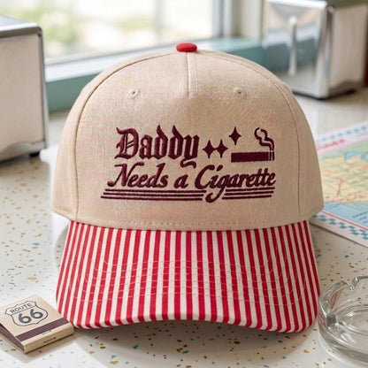 Khaki Daddy Needs a Cigarette hat with red striped bill