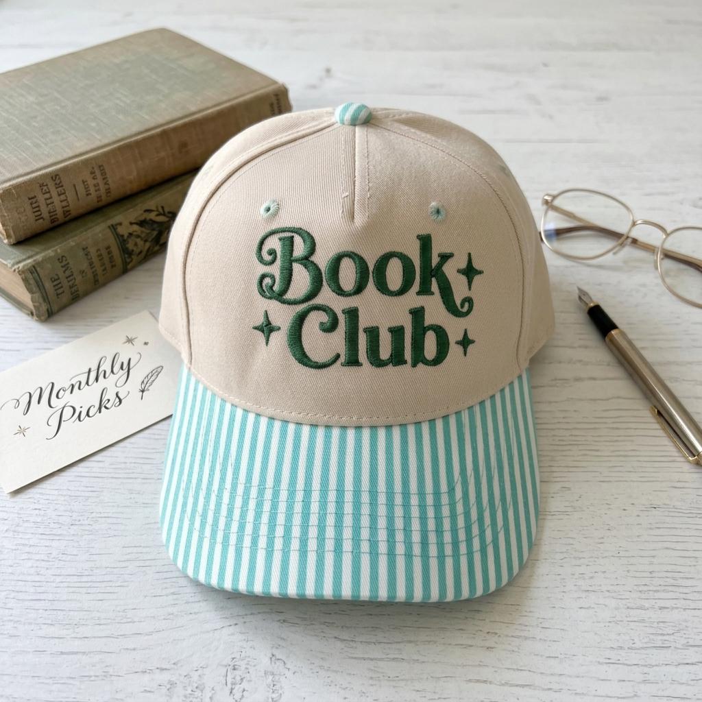 Cream Book Club hat with green embroidery and aqua striped brim