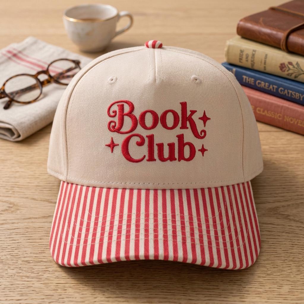 Cream Book Club embroidered hat with red striped brim on a wooden table