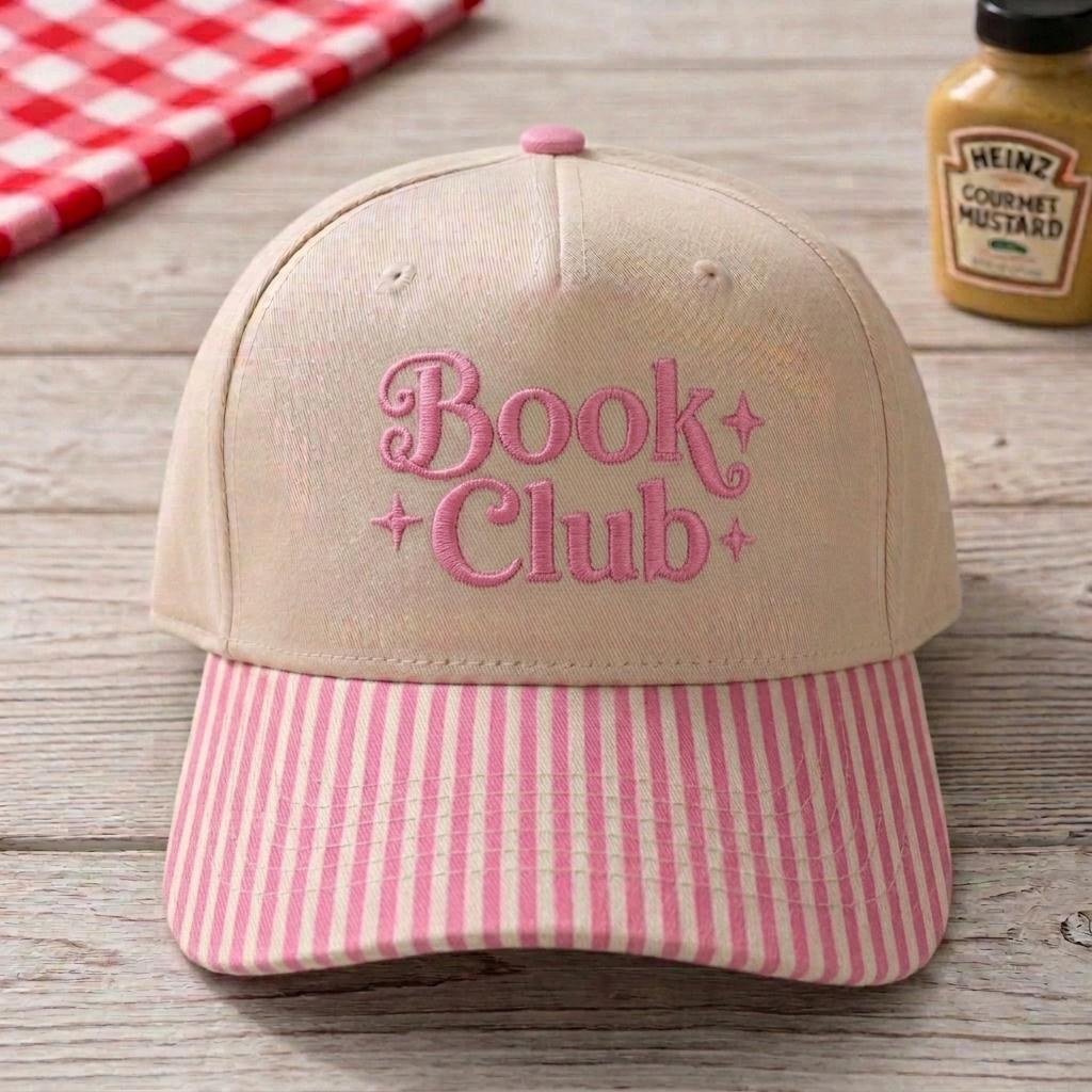 Cream Book Club hat with pink embroidery and pink striped brim
