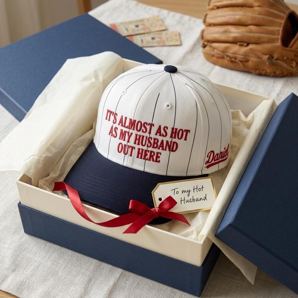Pinstripe hat presented in a gift box with a Hot Husband tag