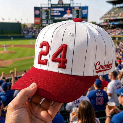 White pinstripe baseball hat with red brim, raised number 24, and Cowley side lettering at a baseball stadium