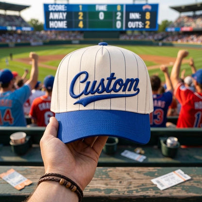 Blue and cream Custom baseball hat held in front of cheering stadium fans