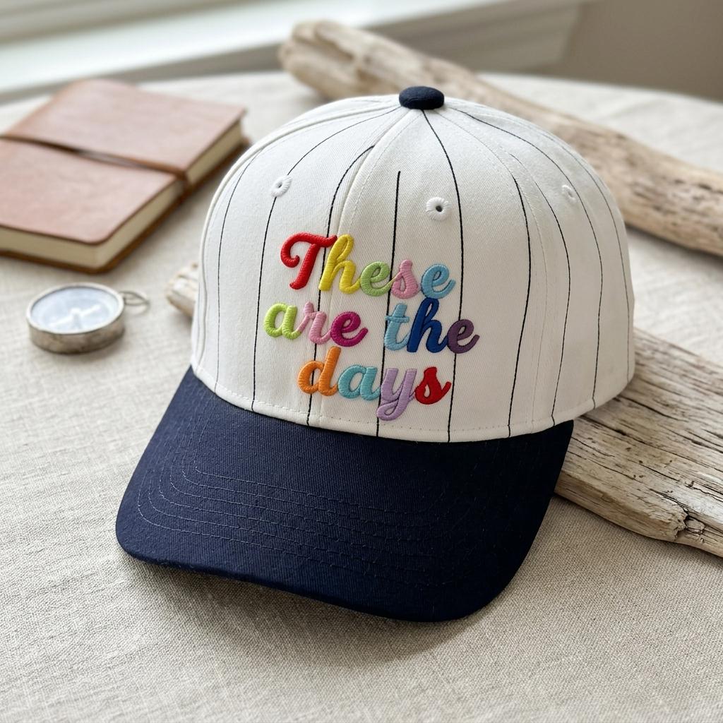 White pinstripe hat with multicolor “These Are the Days” embroidery displayed indoors