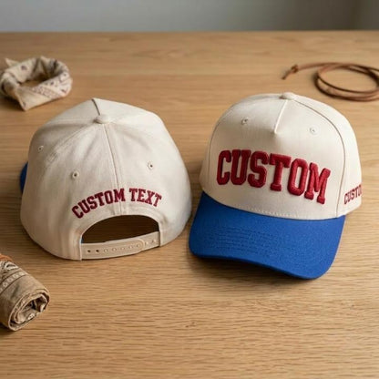 Custom text hat with blue brim shown from the front and back