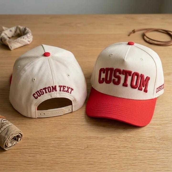 Personalized snapback hat with red brim and custom text