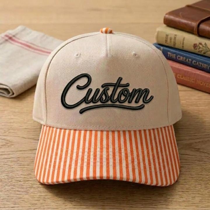 Cream embroidered Custom hat with orange-and-white striped bill