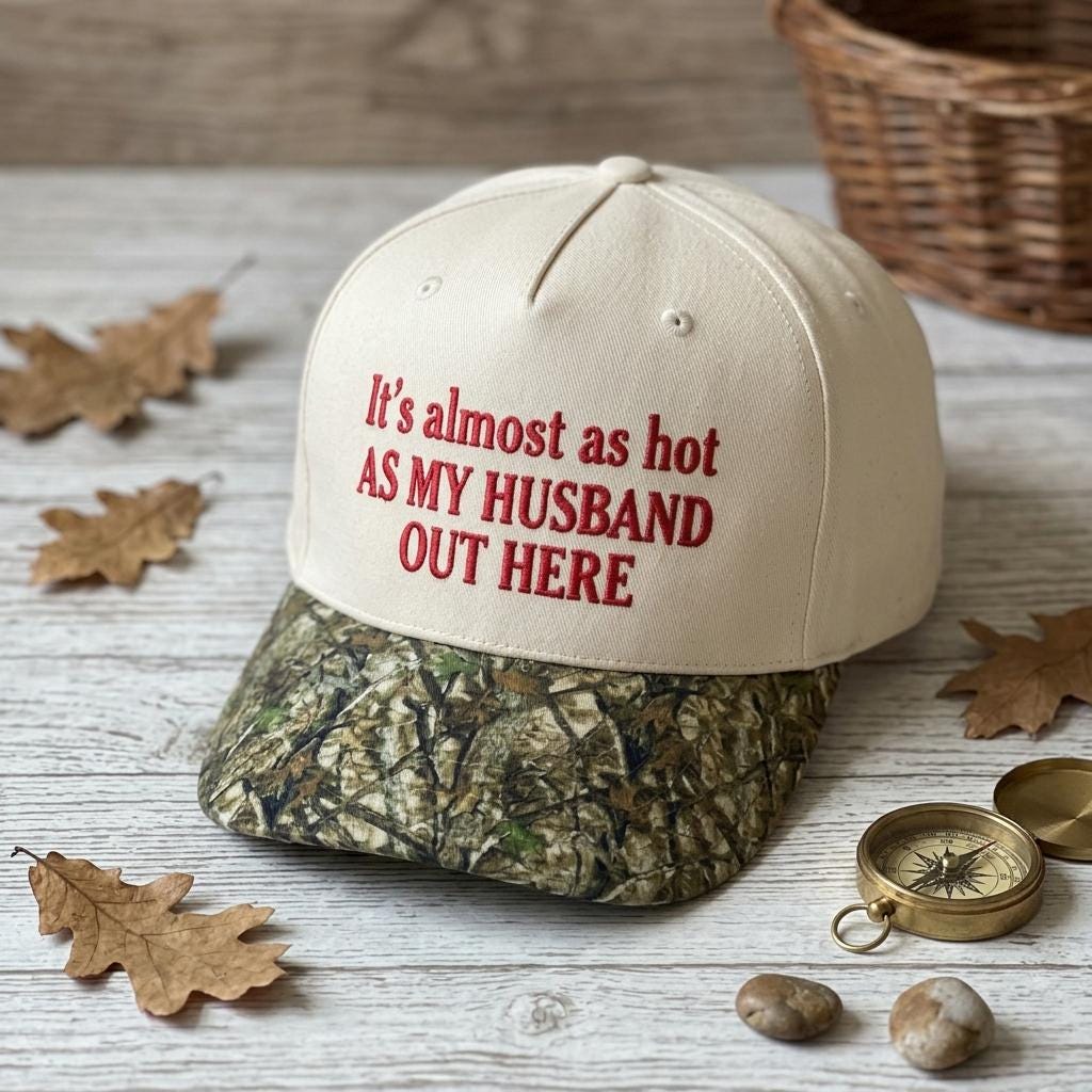 Funny camouflage hat with a white crown and bold red husband-themed saying