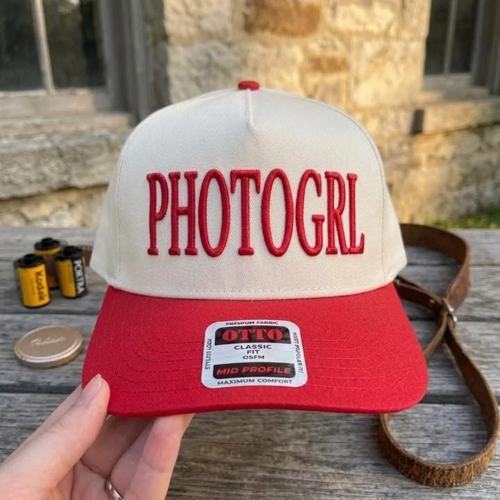 Cream and red two-tone PHOTOGRL embroidered cap