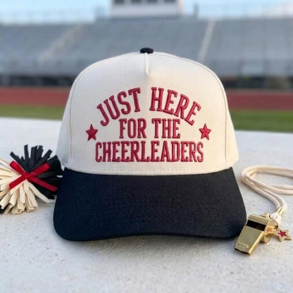 Two-tone black and cream hat with Just Here for the Cheerleaders embroidery