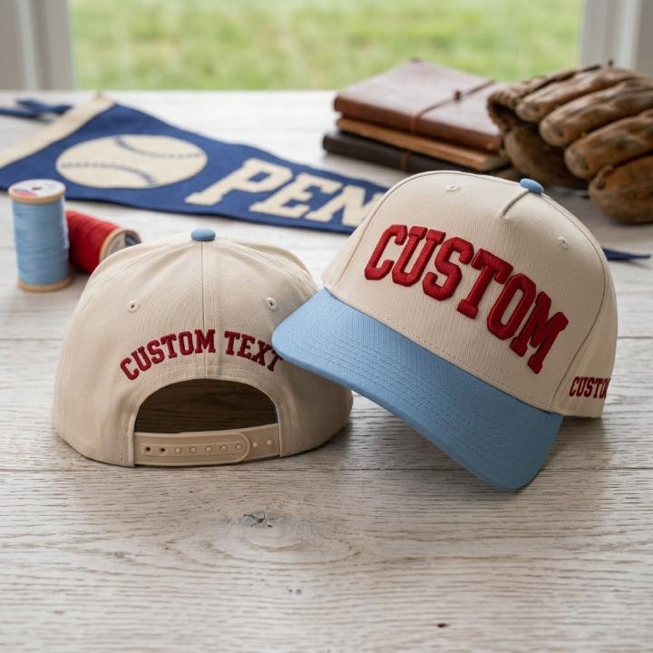 Personalized light crown snapback hat with red custom text and blue contrast brim
