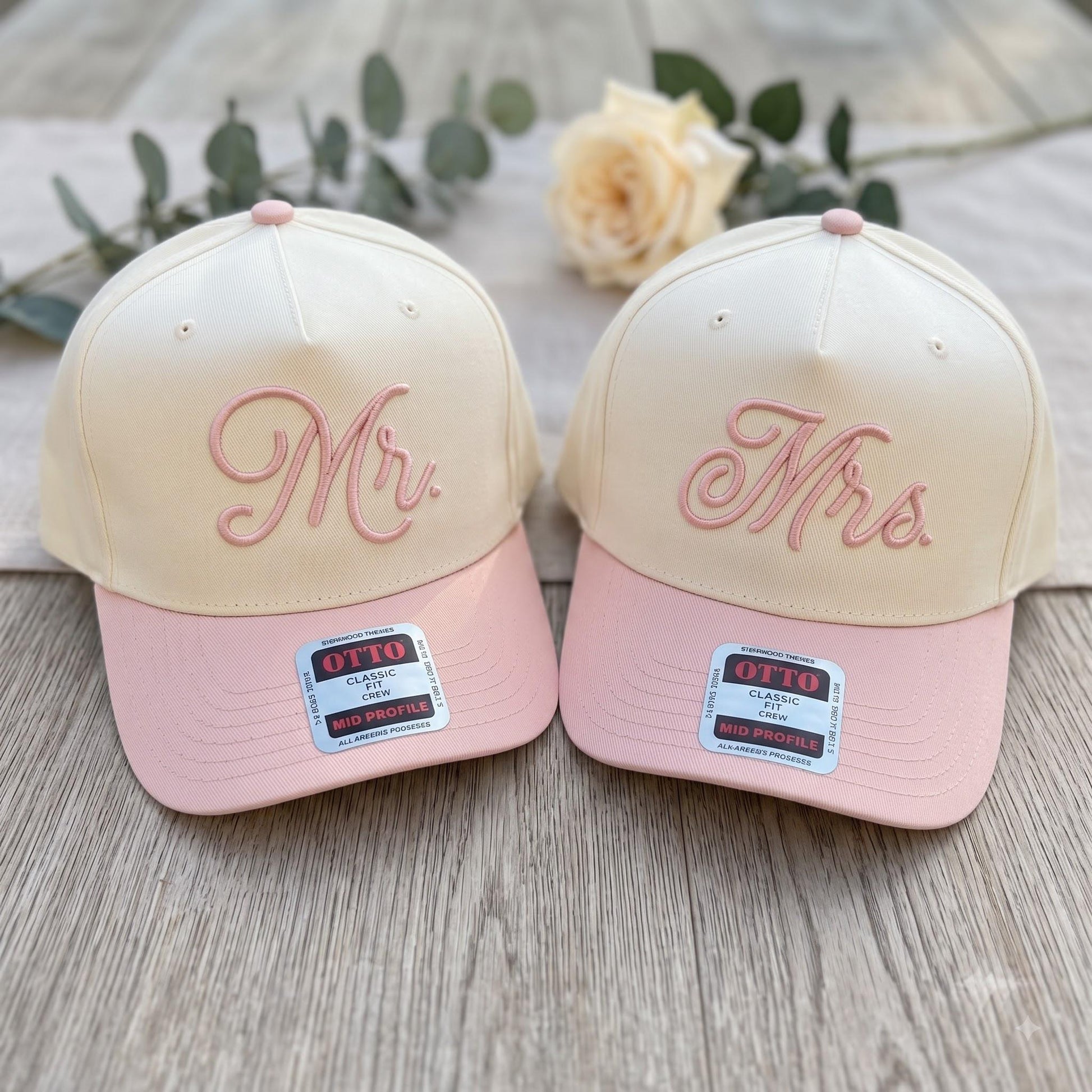 Pink and cream matching Mr. and Mrs. trucker hats