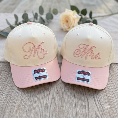 Pink and cream matching Mr. and Mrs. trucker hats