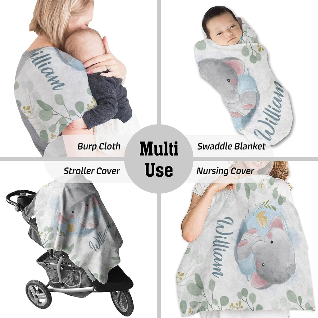 Personalized elephant baby boy blanket – swaddle, nursing, stroller