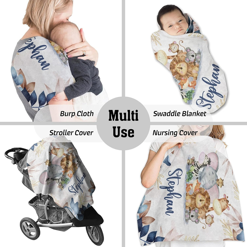 Personalized jungle animal baby boy blanket – swaddle, stroller, nursing