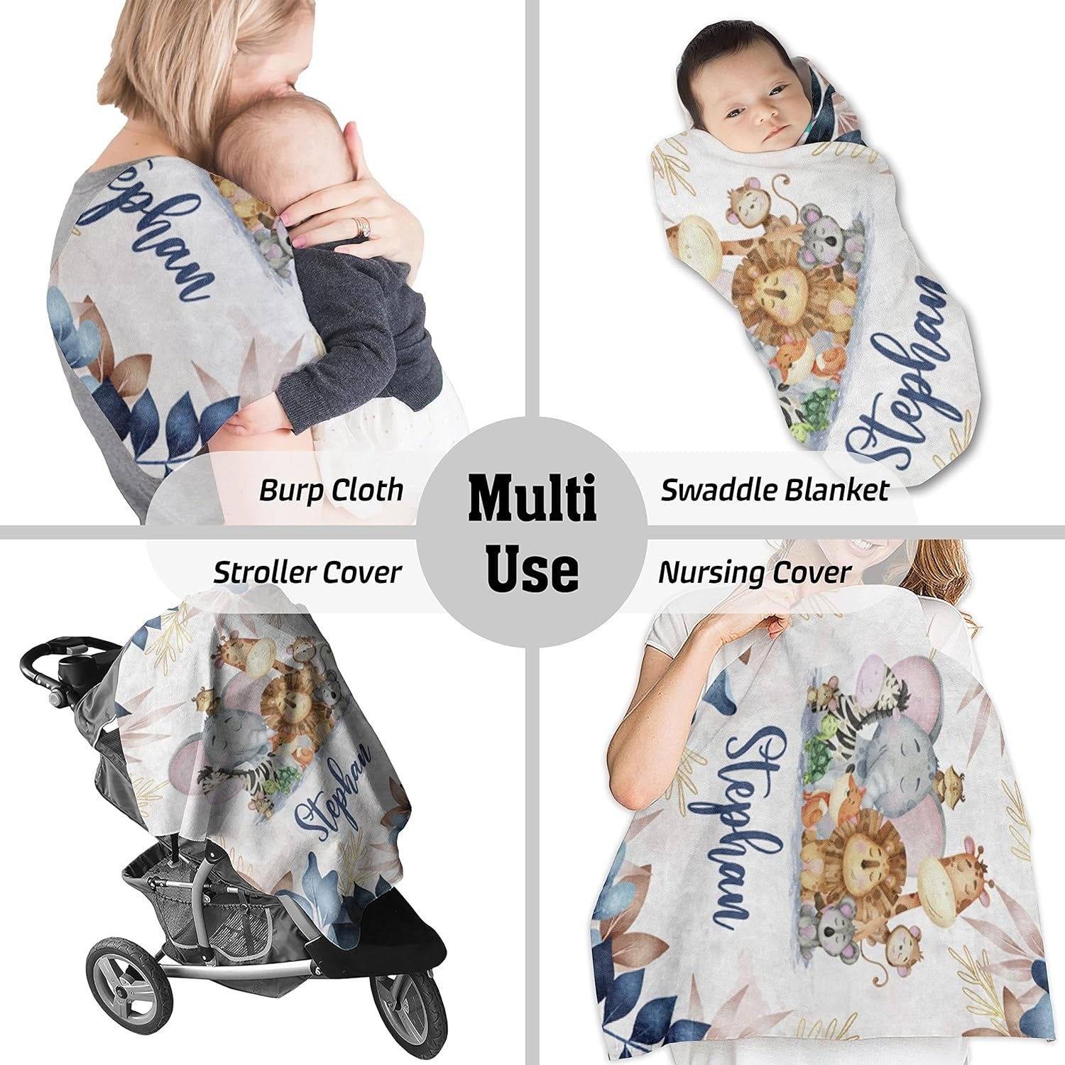 Personalized jungle animal baby boy blanket – swaddle, stroller, nursing