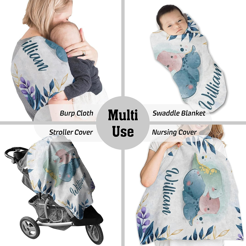 Multi-purpose dinosaur custom baby boy blanket – swaddle, stroller, nursing