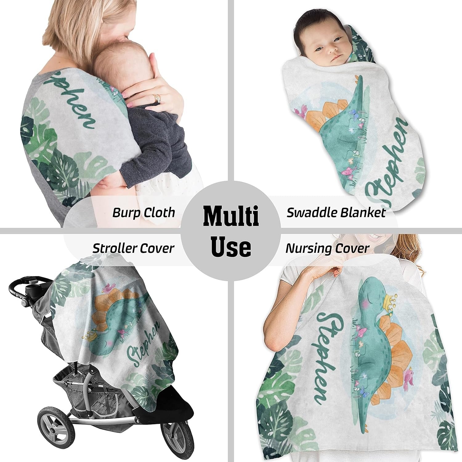 Personalized dinosaur baby blanket for swaddle, stroller, burp cloth