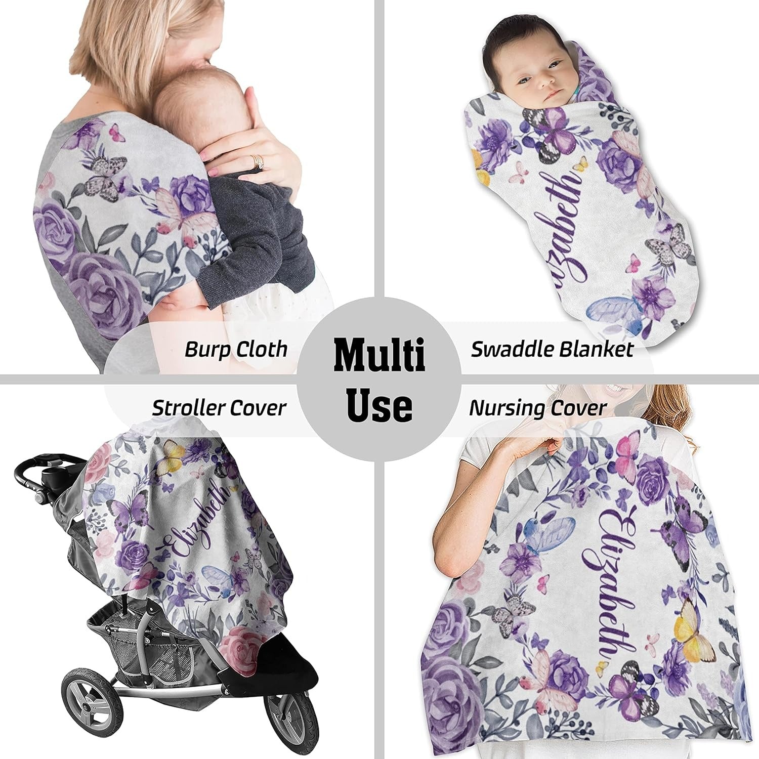 Custom baby blanket used as swaddle, burp cloth, stroller cover, and nursing cover, butterfly theme with name Elizabeth