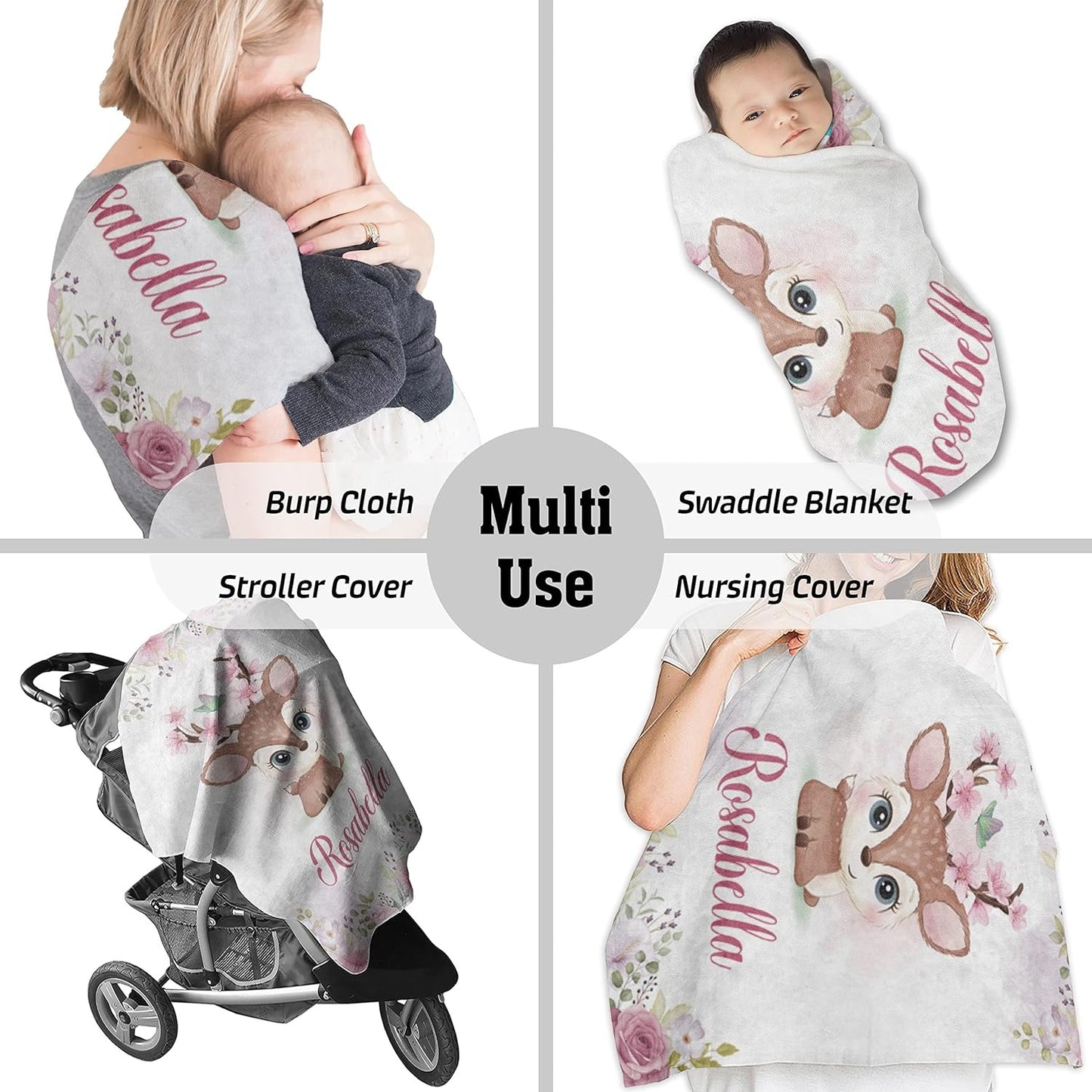 Personalized Baby Girl Blanket with Name – Custom Deer and Floral Fleece Blanket, Soft & Machine Washable