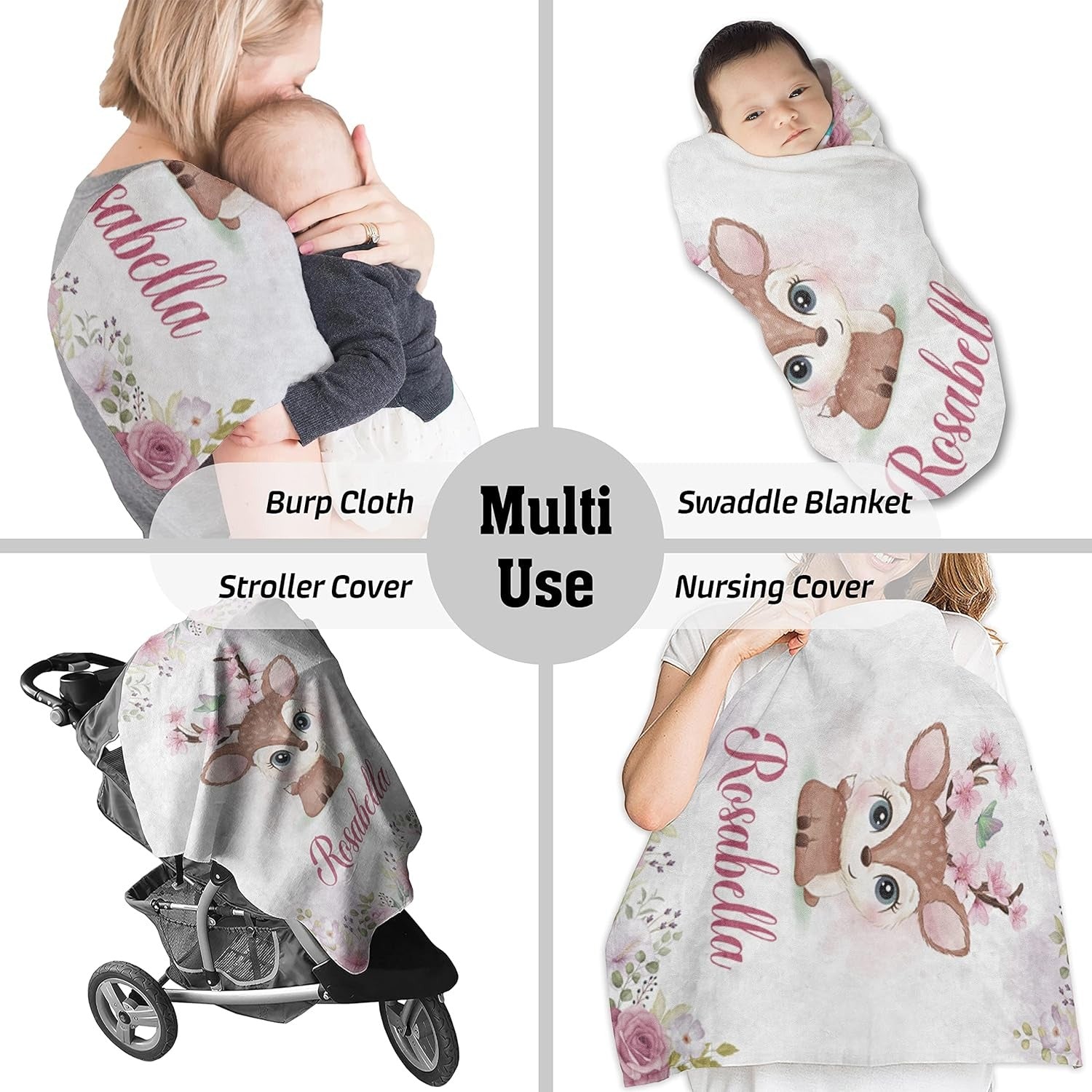 Personalized Baby Girl Blanket with Name – Custom Deer and Floral Fleece Blanket, Soft & Machine Washable