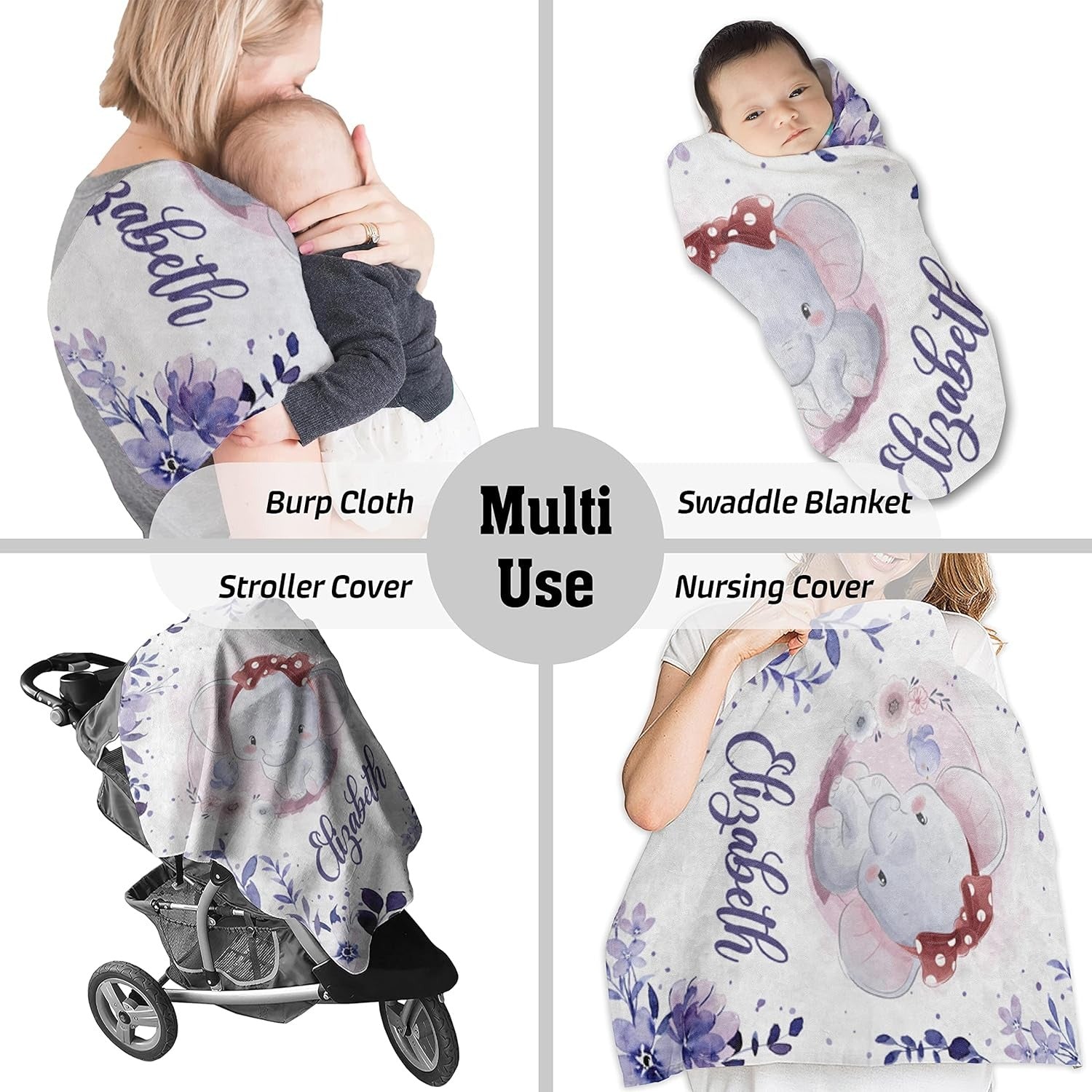 Custom baby blanket with elephant and floral design used as stroller cover, swaddle and nursing cover