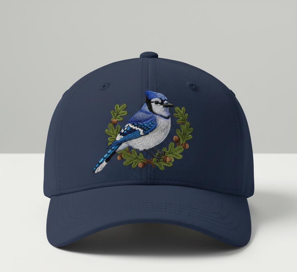 Blue Jay embroidered baseball cap in navy with oak wreath design