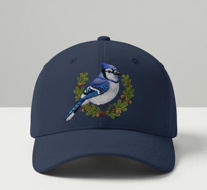 Blue Jay embroidered baseball cap in navy with oak wreath design