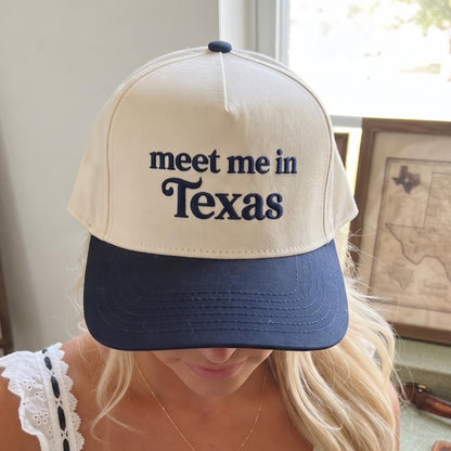Trendy 'Meet Me in Texas' embroidered trucker hat with beige and navy design