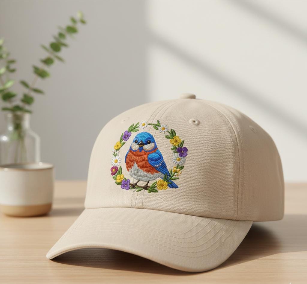 Embroidered beige cap featuring a vibrant bluebird and floral design with adjustable back strap