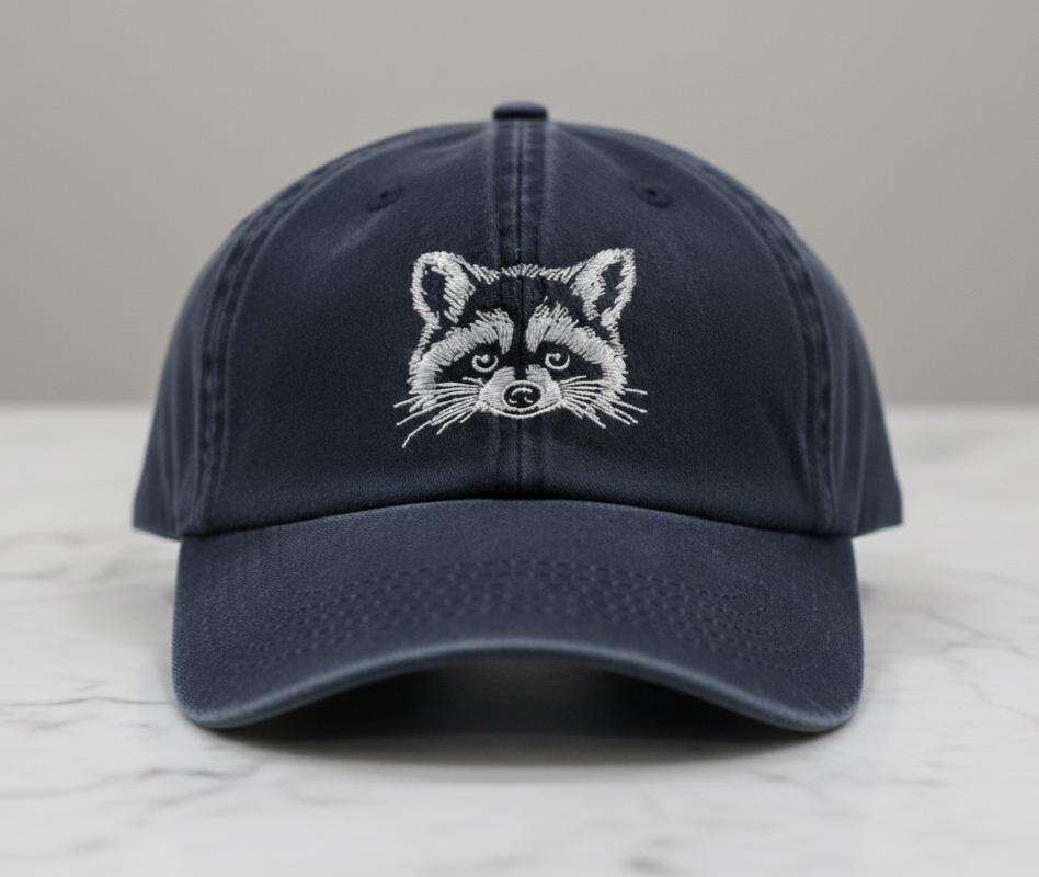 Raccoon embroidered navy cap with unique animal design and adjustable fit displayed on marble table