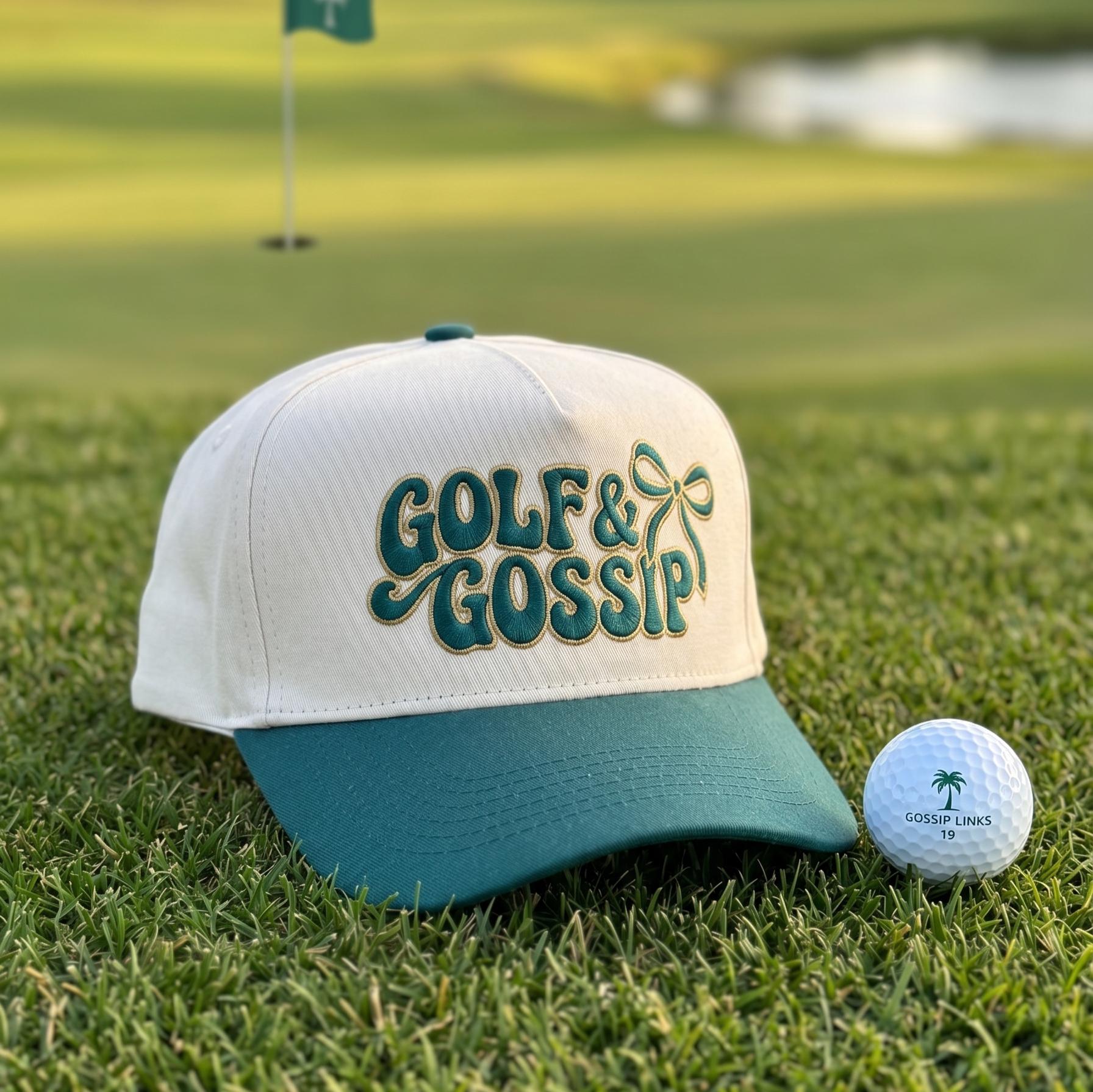 Golf cap with 'Golf & Gossip' embroidery in green and white on a golf course