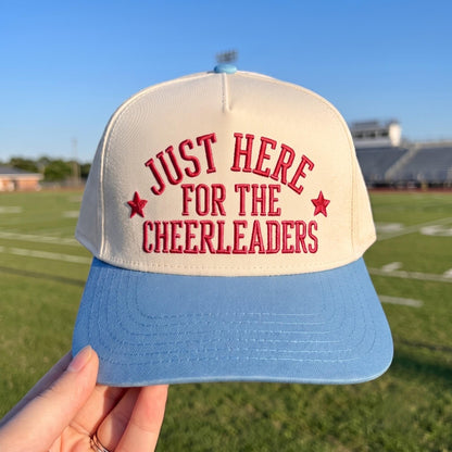 Funny baseball cap with 'Just Here for the Cheerleaders' red embroidery, cream and blue colors