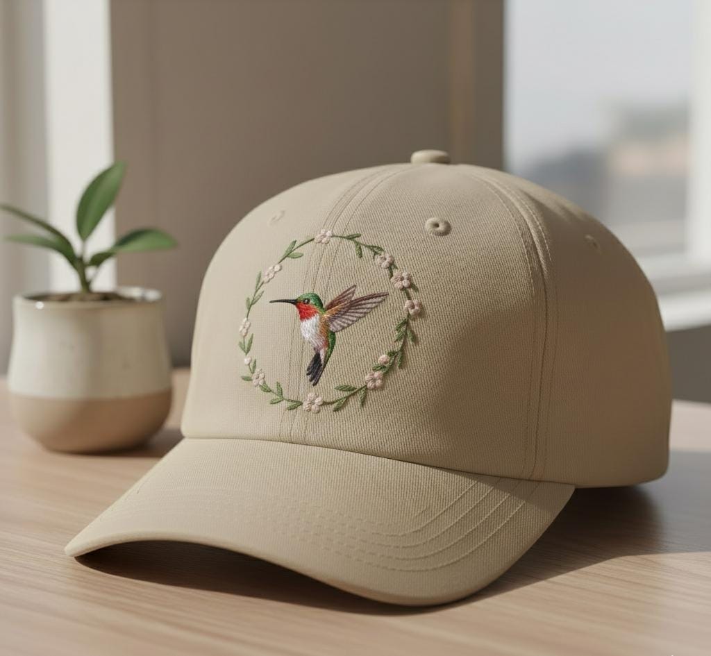 Embroidered beige cotton cap with a colorful hummingbird and floral wreath design displayed on a wooden table