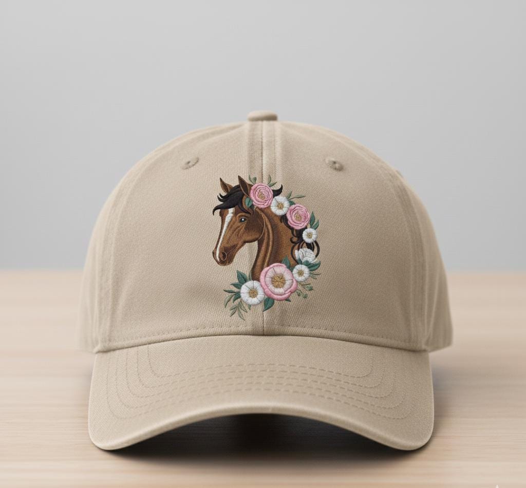 Embroidered beige baseball cap with horse and floral design on wooden table