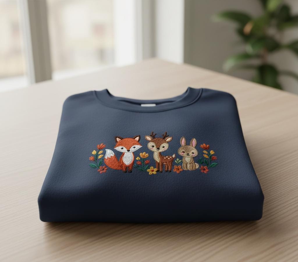 Cute forest animal embroidered sweatshirt with fox, deer, rabbit design on navy blue fabric