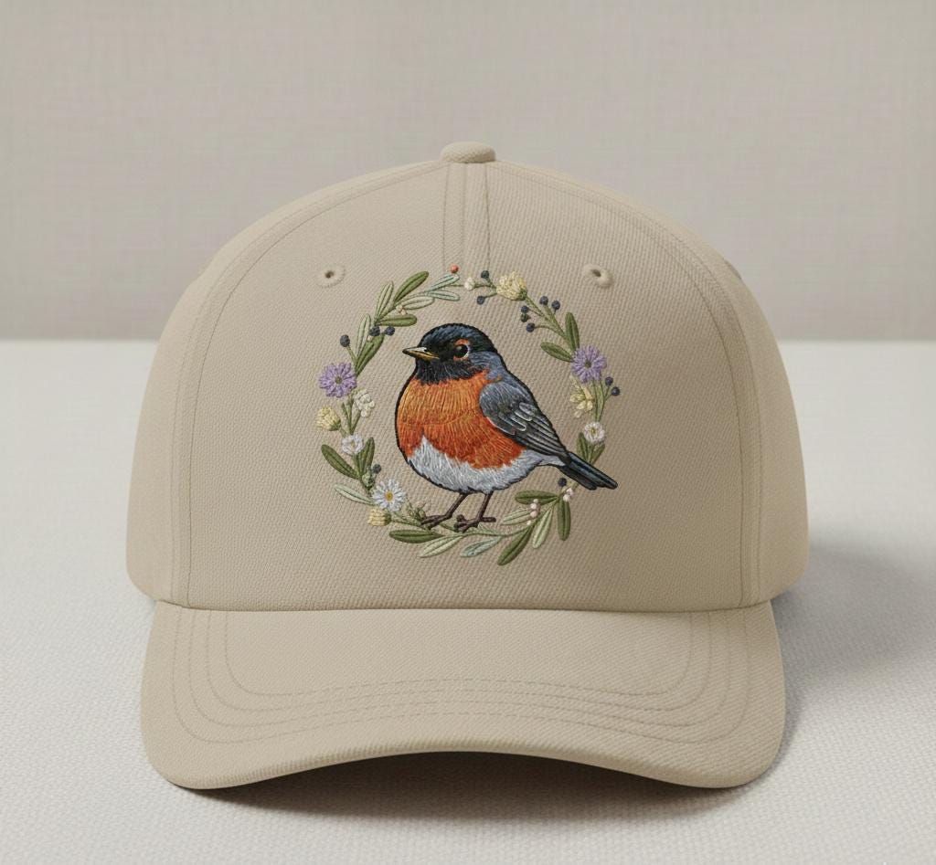 Beige canvas cap with embroidered bird and floral accents