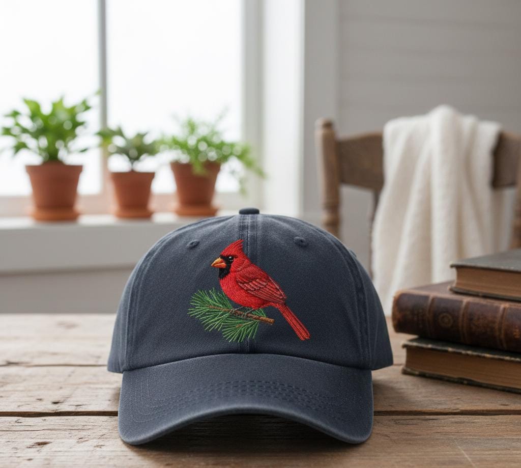 Embroidered cardinal bird dark blue cap with adjustable strap on wooden table