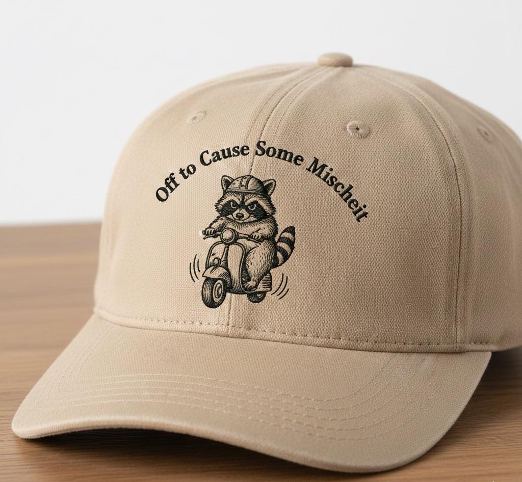 Beige cap with embroidered raccoon and 'Off to Cause Some Mischief' text design