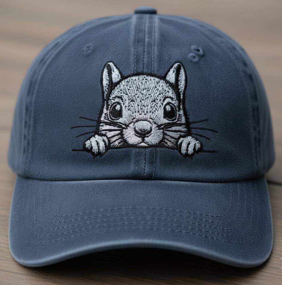 Embroidered peeking squirrel design on blue baseball cap with adjustable fit