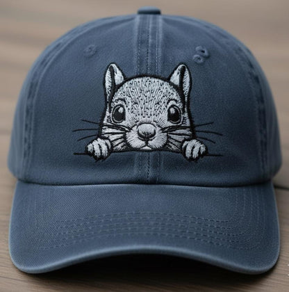 Embroidered peeking squirrel design on blue baseball cap with adjustable fit