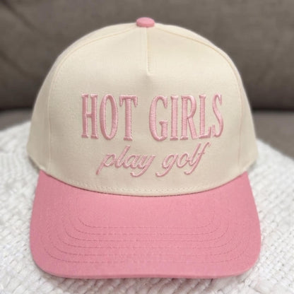 Trendy beige and pink dad cap with 'Hot Girls Play Golf' embroidered text