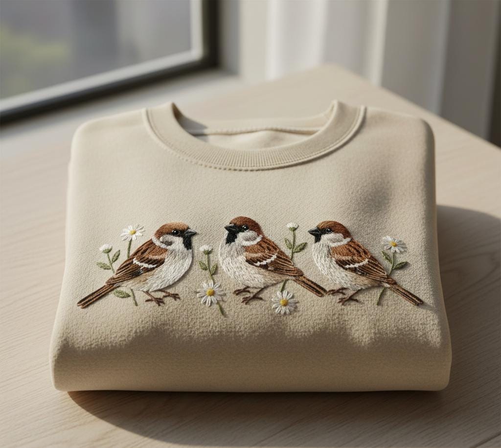 Beige crewneck sweatshirt with embroidered sparrows and daisies on wooden table