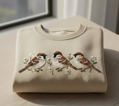 Beige crewneck sweatshirt with embroidered sparrows and daisies on wooden table