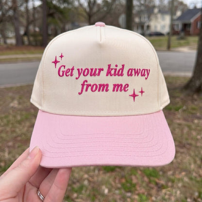 Embroidered snapback cap in cream and pink with funny parenting message