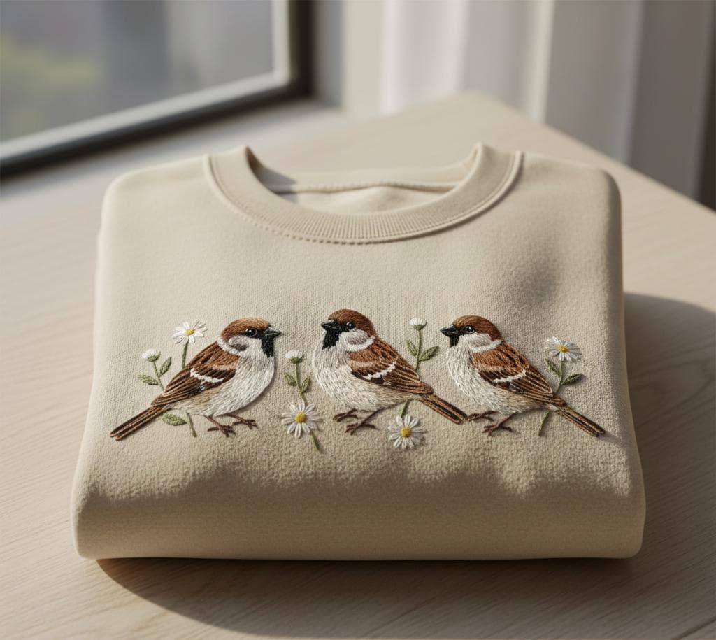 Beige crewneck sweatshirt with embroidered sparrows and daisies on wooden table
