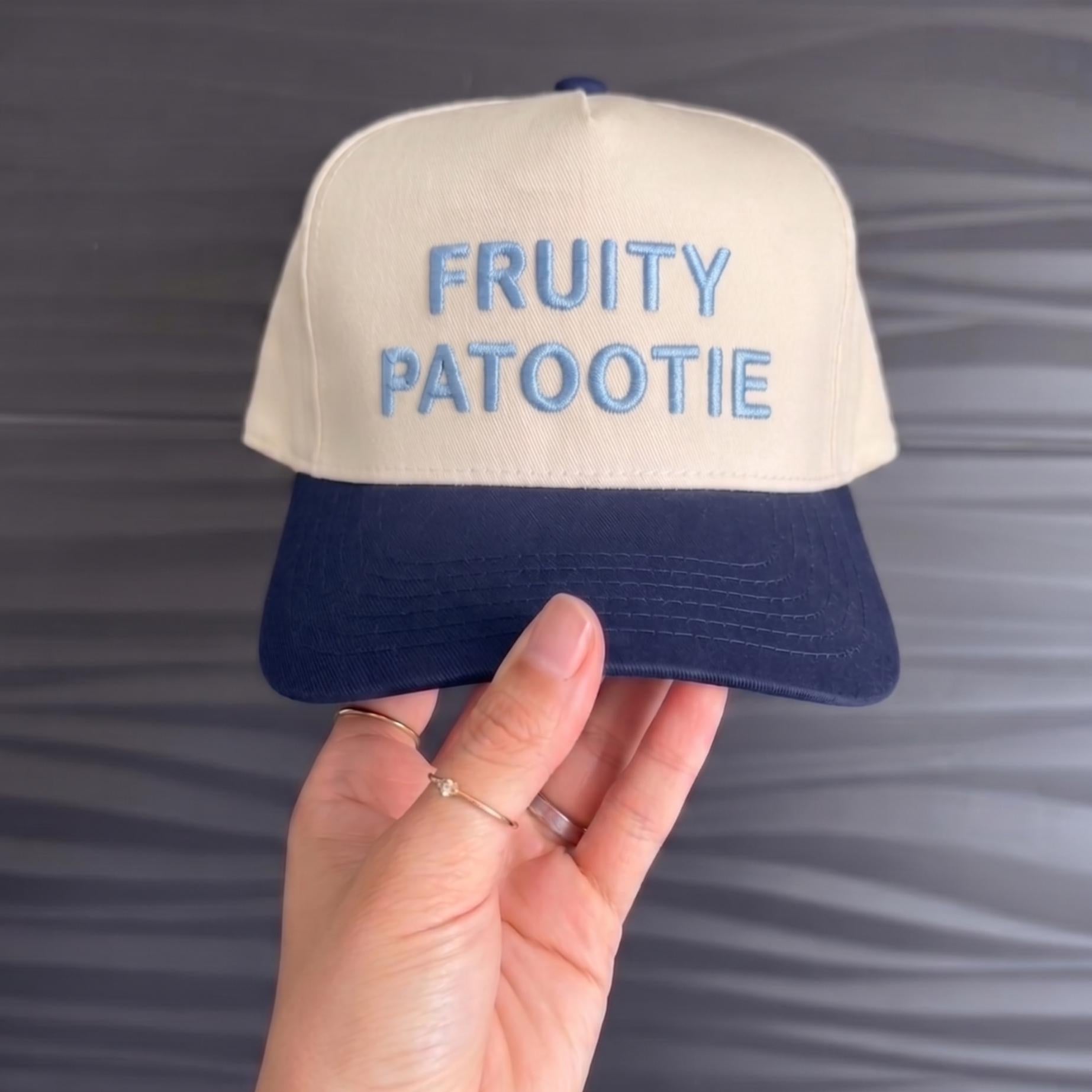 Fruity Patootie' embroidered two-tone cap with beige top and dark blue brim