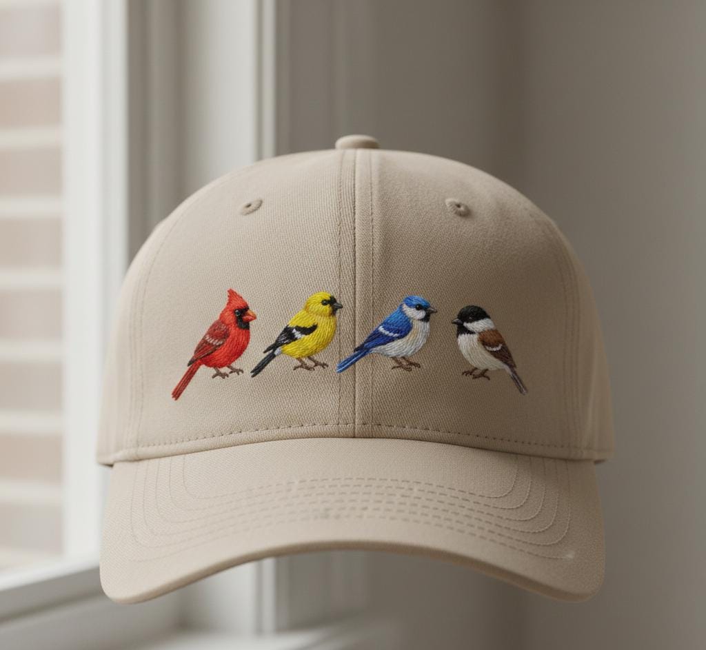 Beige cap with colorful embroidered birds design displayed by a window