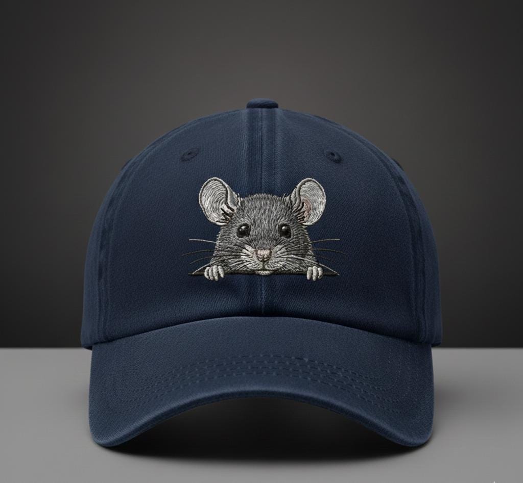 Navy blue baseball cap with embroidered mouse design on the front